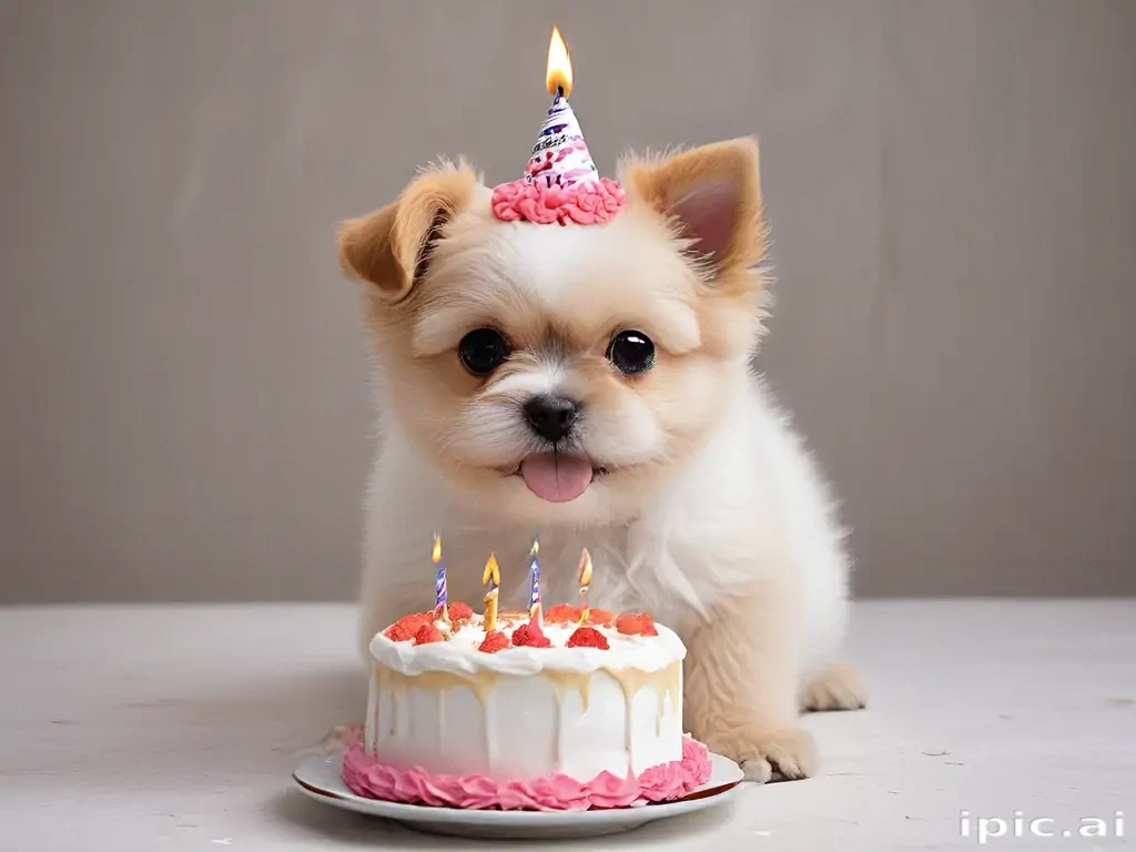 Adorable Puppy Celebrating Its Birthday with a Colorful Cake and Party Hat