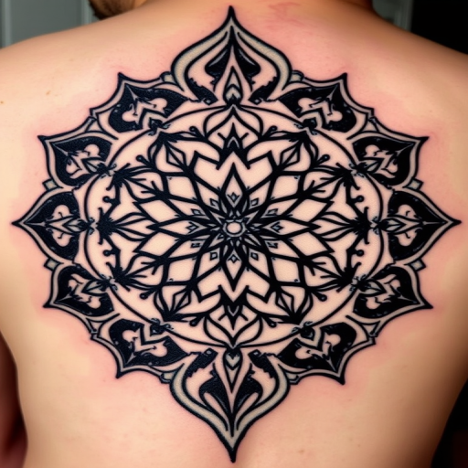 Geometric blackwork tattoo called "Sacred Symmetry" incorporating precise shapes and patterns to form a large-scale mandala design with negative space elements, creating a striking contrast on the skin