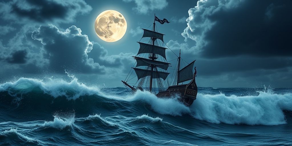 Create a high-resolution image of a pirate ship sailing through tumultuous waves under a full moon, with dramatic stormy clouds in the background, using a DSLR camera with a 24mm lens, f/2.8 aperture, ISO 200, and a long exposure setting to capture motion in the water and enhance details in the ship.