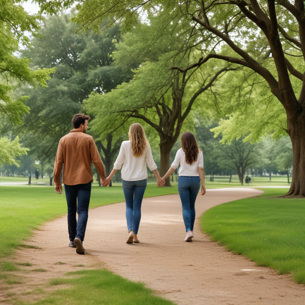 Two couples holding hands and walking in a park