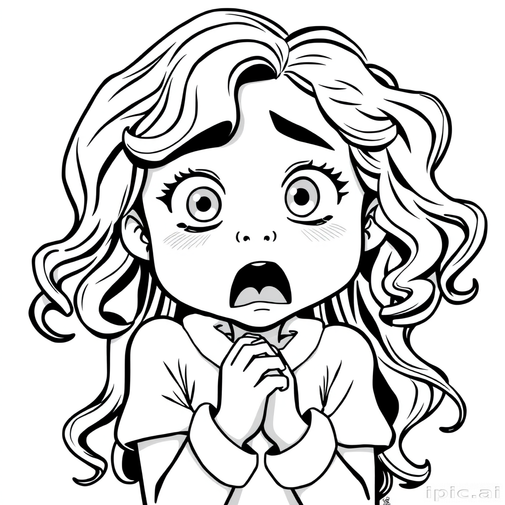 The image is a black and white illustration of a young girl with curly hair. She has a surprised expression on her face with her mouth open and her hands clasped together in front of her chest. Her eyes are wide and her eyebrows are furrowed. Her hair is styled in loose curls that are cascading down her back. The overall mood of the image is one of shock or surprise.