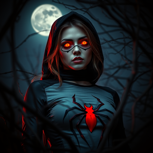 A dark fantasy portrait of a woman in a spider-themed costume with glowing red eyes and a red spider emblem, surrounded by twisted branches under a full moon, low-angle view, shallow depth of field, 50mm lens, f/1.8, ISO 200, soft lighting for dramatic effect.