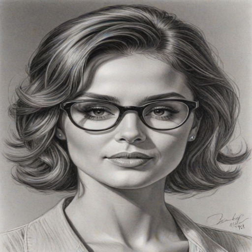 Radiant Cheryl Cole, pencil sketch, portrait of Resplendent woman 1938s in glasses, hair style beatnik, outline, clear lines, fine lines, 8k
