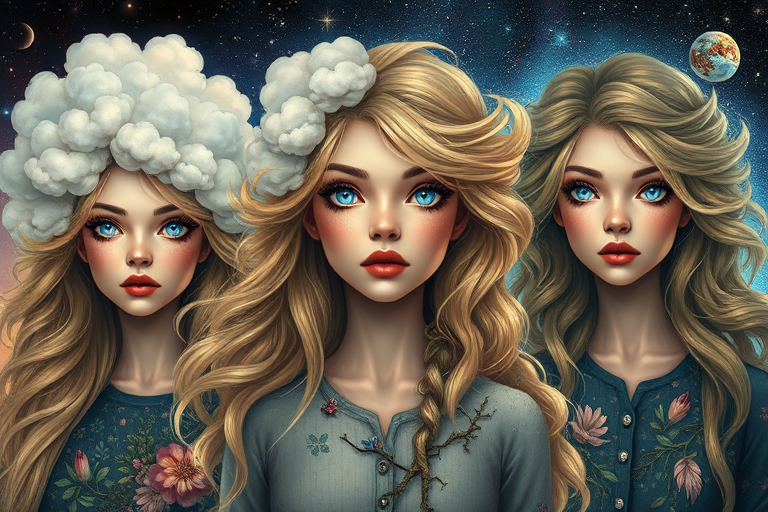 Create a series of imaginative portraits where each subject is infused with elements of fantasy and nature. The hair of the individuals should flow like clouds, varying from soft, fluffy cumulus to wispy cirrus strands, with hints of color reflecting a sunset or a clear blue sky. The eyes should be windows to entire galaxies, with stars, nebulae, and distant planets visible within them. Clothing should be adorned with nature motifs, such as floral patterns that bloom and change, vines that seem to grow and wrap around, or feathers that shimmer with iridescence. Each portrait should capture a unique personality, blending human features with the ethereal beauty of the natural and cosmic world. The backgrounds can vary, from starry night skies to enchanted forests, adding depth and context to the magical realism of the portraits