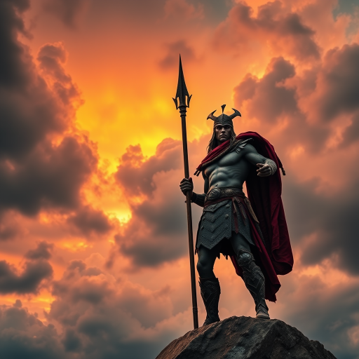 a powerful mythical hero standing tall with a spear against a dramatic sky, overcast with vibrant colors and dynamic clouds, 50mm lens, f/1.8 aperture, ISO 100, HDR style, digital medium format camera