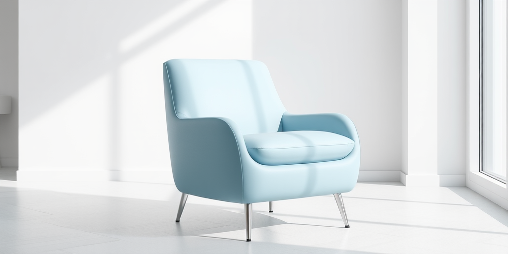 Generate a high-quality 3D rendering of a modern, minimalist chair with a soft blue finish, using a DSLR camera at f/4 aperture, ISO 100, 50mm lens, in portrait orientation, with natural lighting and a shallow depth of field to emphasize the chair's design.