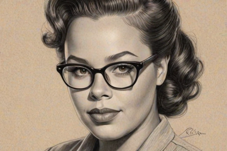 Exquisite Amber Riley, pencil sketch, portrait of Fetching woman 1940s in glasses, hair style beatnik, outline, clear lines, fine lines, 8k