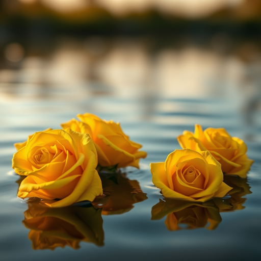 high-resolution close-up of vibrant yellow roses floating on a serene water surface during golden hour, shallow depth of field, 50mm lens, f/2.8, ISO 100, DSLR camera, soft natural lighting, reflective surfaces to enhance contrast and detail