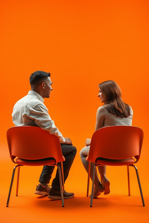 Create an image of a man and a woman sitting facing each other on chairs in an abstract orange background, use a DSLR camera, aperture f/2.8, ISO 100, 50mm lens, wide angle view, with a soft focus effect to enhance details and colors.