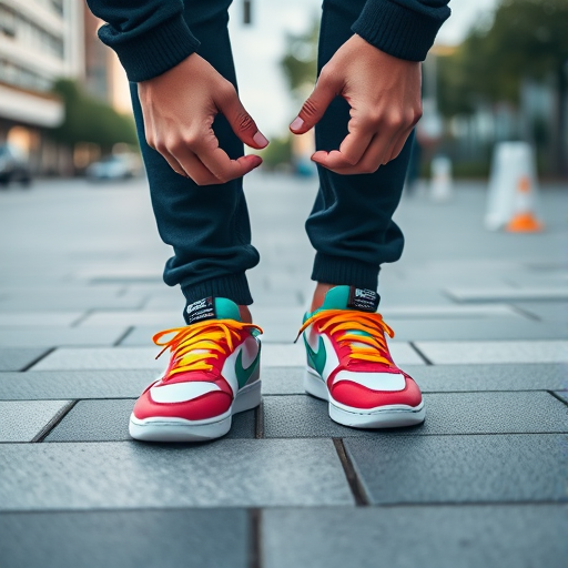 A close-up shot of a person adjusting their colorful sneakers while standing on a modern urban pavement, using a Canon EOS R5 with a 50mm f/1.8 lens, shooting in natural light with a shallow depth of field, ensuring vibrant colors and sharp detail in the shoes and soft background blur.
