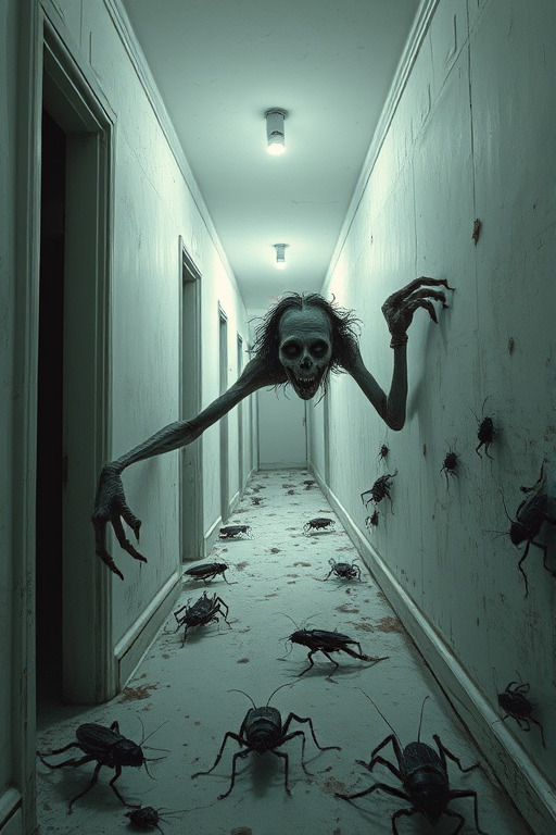 a crooked female with long arms and a creepy smile is crawling along a long white corridor and you can also see cockroaches in it there is a creepy atmosphere creepy art style