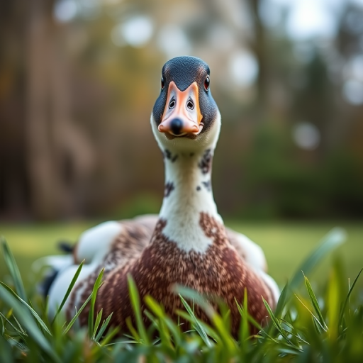 close-up of a duck on grass with a shallow depth of field, natural light, aperture f/2.8, ISO 100, 50mm lens, DSLR camera, low angle view, vibrant colors
