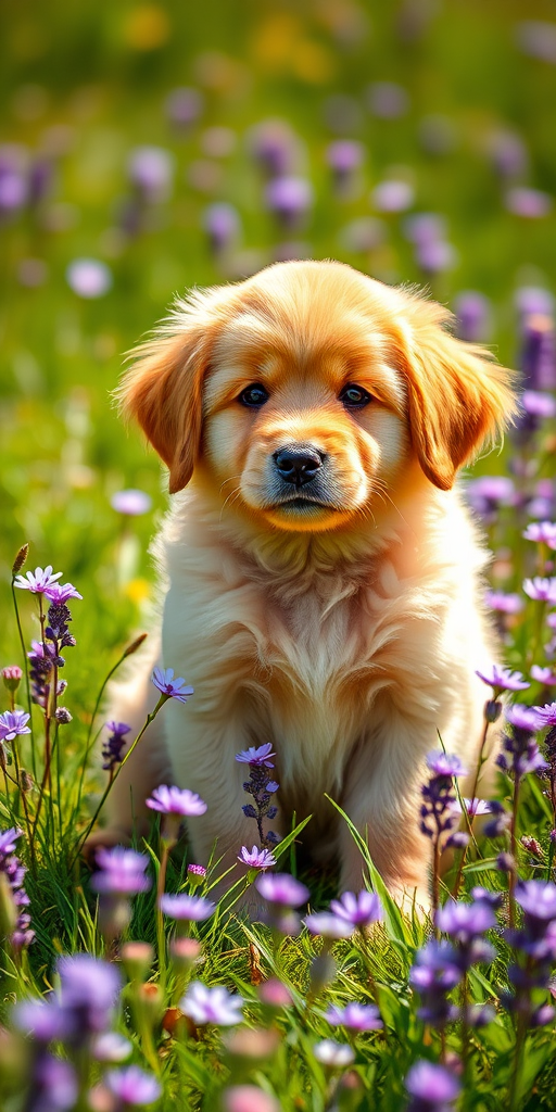 A fluffy golden puppy sitting in a meadow filled with purple flowers, soft sunlight illuminating the scene, Canon EOS R5, 85mm lens, f/1.8, ISO 200, shallow depth of field, natural lighting.