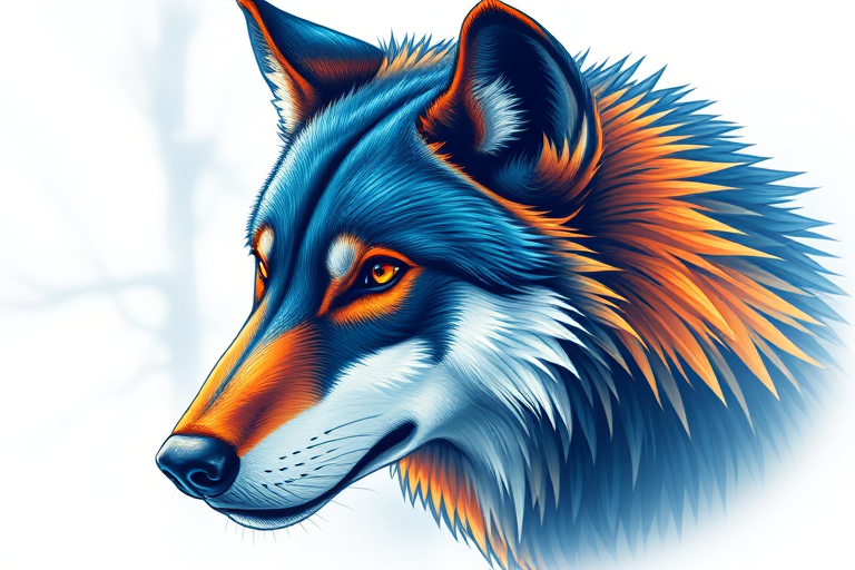 Regenerate a detailed illustration of a wolf's head with vibrant blue and orange colors, taken with a Canon EOS R5, 50mm lens, f/1.8 aperture, ISO 100, 1/250 sec exposure, soft focus background for enhanced depth and clarity, high resolution, artistic style.