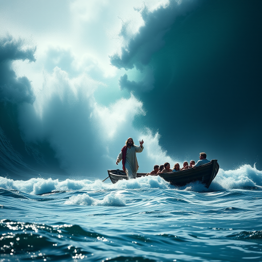 Create a dramatic scene of Jesus walking on water amidst towering waves, with a boat of disciples in awe, captured using a DSLR camera with a 50mm lens, f/1.8 aperture, ISO 200, at a low angle with soft natural lighting to enhance depth and emotion.