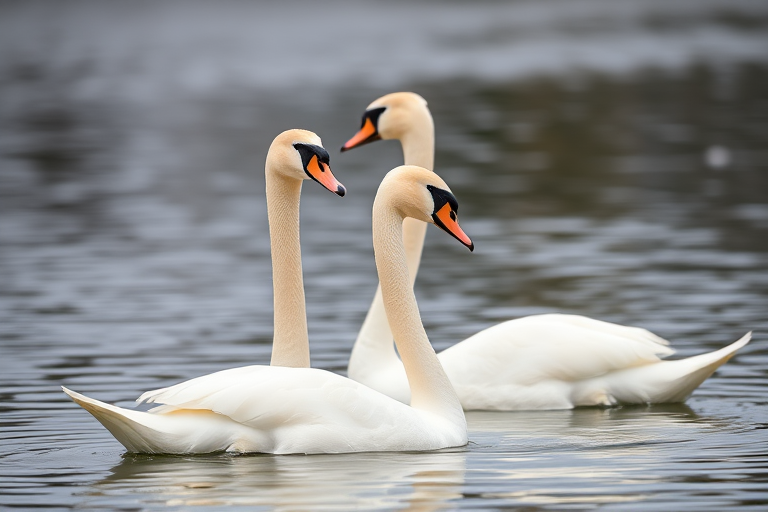 swans swimming close together on still water, soft natural lighting, shallow depth of field, ISO 200, f/2.8, 1/500s, 85mm lens, DSLR camera, high resolution