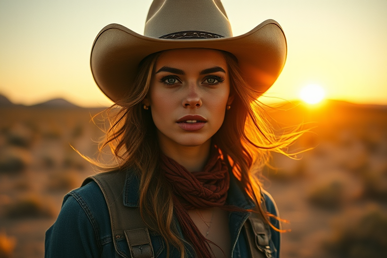 Dramatic photo of a beautiful Western American woman, classic cowboy attire, confident and free spirit expression, half-length portrait, centered, golden hour desert landscape, warm, diffused light, low angle, medium format film camera, in style of Annie Leibovitz.