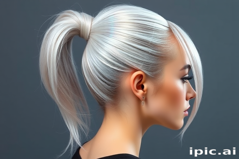 Holographic silver hair styled in a sleek high ponytail with wrapped sections, named "Futuristic Elegance" look, showcasing a mirror-like shine and seamless blending