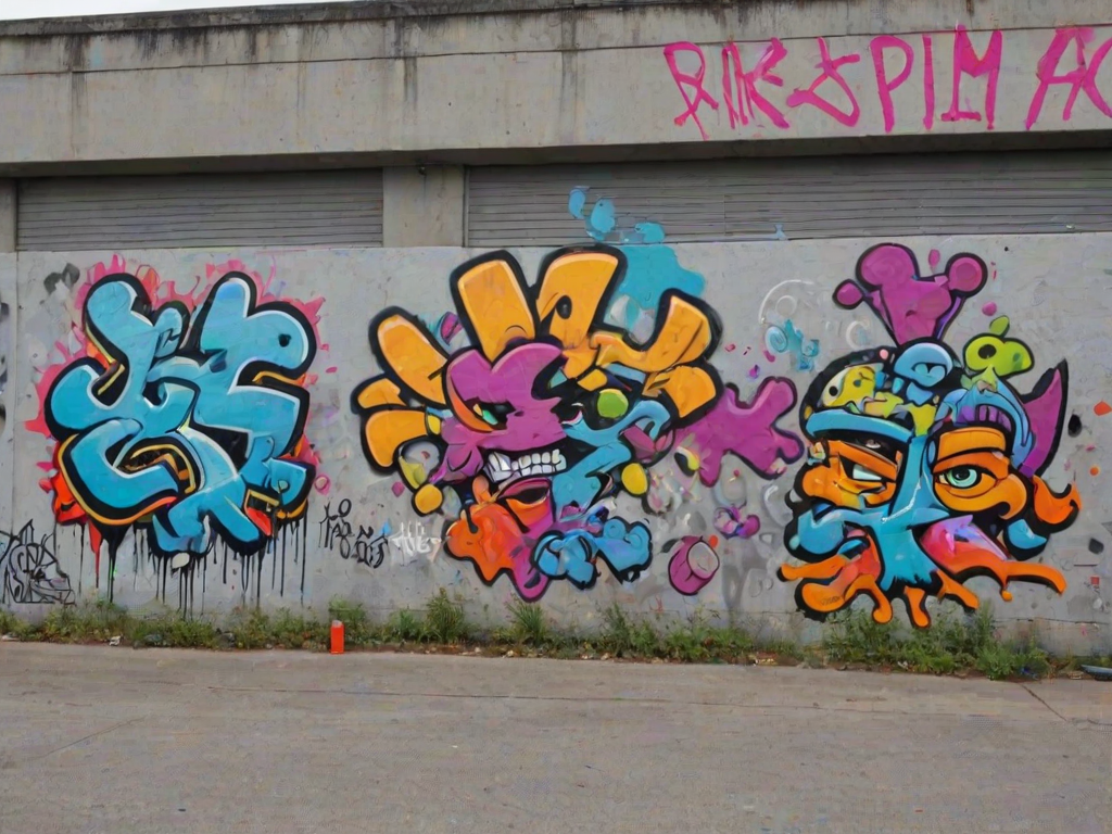 Vibrant Urban Art: Colorful Graffiti Murals on a Concrete Wall.