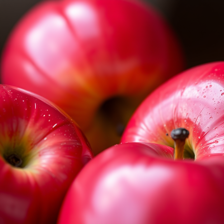 Generate a high-resolution illustration of four shiny red apples, camera settings: f/2.8, ISO 100, shutter speed 1/125s, camera view: close-up, camera style: natural lighting, camera type: DSLR.