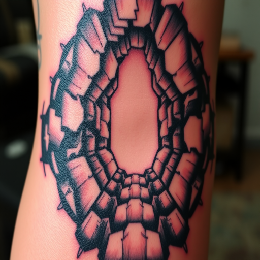 Surrealist optical illusion tattoo creating the appearance of a three-dimensional portal on the skin, with hyper-realistic depth and shading techniques for a mind-bending visual experience