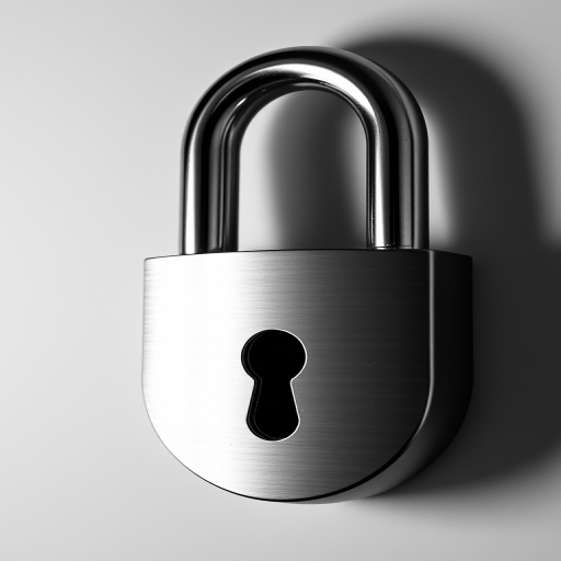 Create an image of a shiny padlock with a keyhole, captured with a Canon EOS R5 camera, 50mm lens, f/1.8 aperture, ISO 100, 1/200s shutter speed, in a soft diffused light setting on a monochromatic background for enhanced contrast and clarity.
