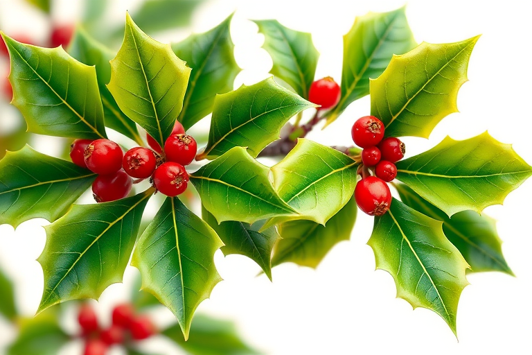 Create an illustration of holly leaves with red berries, using a DSLR camera type, macro view, aperture f/2.8, shutter speed 1/125s, and natural lighting for enhanced image quality.