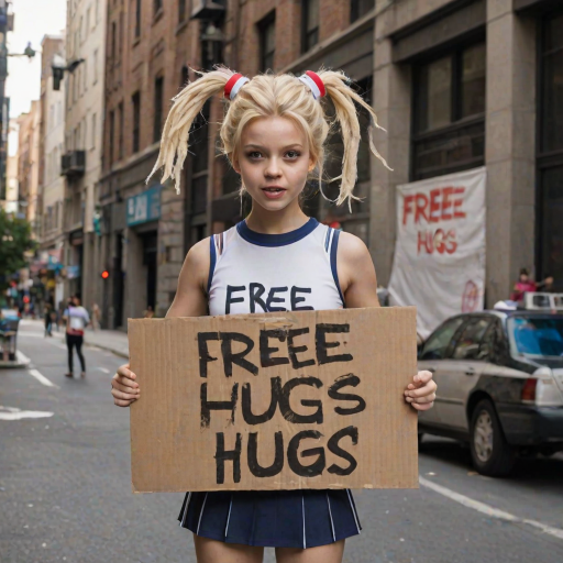 cinematic, 1girl  (with cheerleader outfit and blonde hair) standing with a cardboard sign (with "FREE HUGS" text logo),a small fchgr covering her  face, downtown street background, <lora:Xenomorph_Facehugger_v2.0_SDXL:0.8>,  <lora:Harrlogos_v1.1:1>