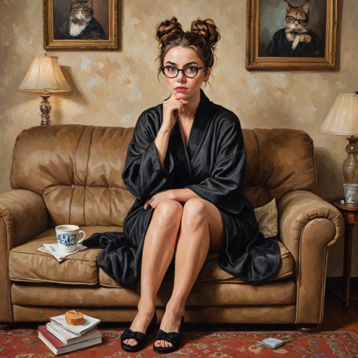 The words ‘Professional Overthinker’ (exact spelling) An exaggerated whimsical illustration of a cute silly lady with unruly messy brown bun and black glasses pouty lips and a thinking expression. Shes sitting on the couch, legs folded wearing a black silk robe, black fuzzy slippers. She’s holding her coffee cup and making a deep-in-thought face.  A quirky scruffy cat (dog) looking at her against a mottled, oil painting style soft background living room setting.