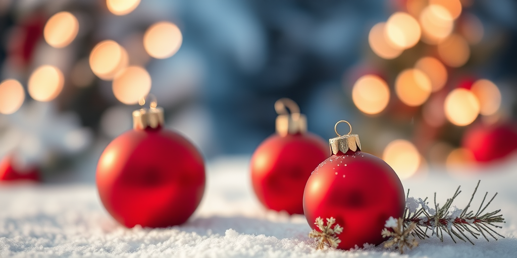 generate a winter-themed background with blurred bokeh effects, snowflakes, and three red ornaments on a snowy surface, captured with a DSLR camera at f/2.8, ISO 100, 50mm lens, in a soft-focus style and a high-resolution setting.