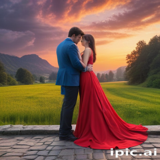 Romantic Sunset Embrace of a Couple in a Scenic Landscape