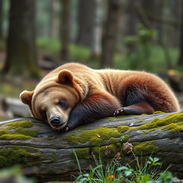 A serene brown bear sleeping on a moss-covered log in a forest, using a Canon EOS R5 with an 85mm lens, aperture f/1.8, ISO 200, shot in soft natural light from a low angle to capture depth and detail.