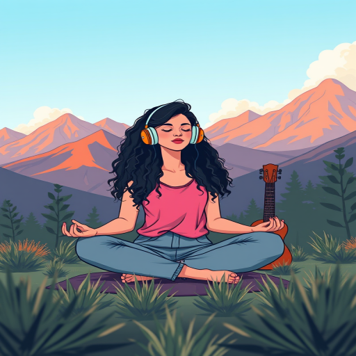 Create a vibrant illustration of a woman with long curly hair sitting cross-legged in a mountainous landscape, wearing headphones and meditating, with a guitar beside her, using a soft color palette and smooth lines, shot from a low angle with a shallow depth of field, in natural light conditions, using a DSLR camera with a 50mm lens, aperture set to f/2.8 for enhanced image quality.