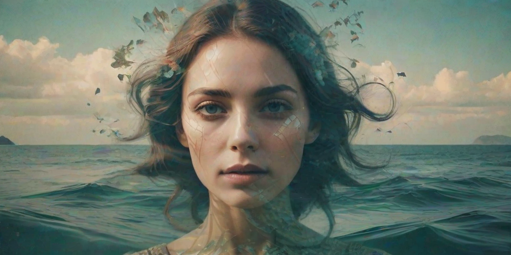 this picture is Book cover, A surreal double exposure portrait that blends a woman's face with a beautiful seascape. The overall mood is dreamy and mystical, with rich colors and intricate details