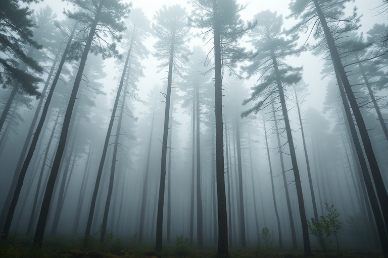 misty forest landscape with tall pine trees shrouded in fog and a subtle light, shot with a Canon EOS R5, aperture f/8, shutter speed 1/200s, ISO 200, wide-angle lens, cinematic style, panoramic view