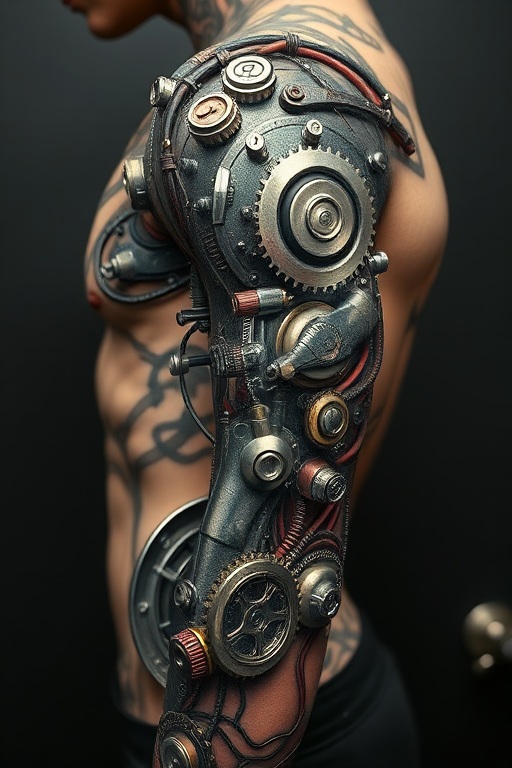 Realistic 3D biomechanical tattoo titled "Cybernetic Evolution" depicting metallic gears, wires, and circuitry seamlessly merging with human anatomy creating an illusion of exposed inner workings