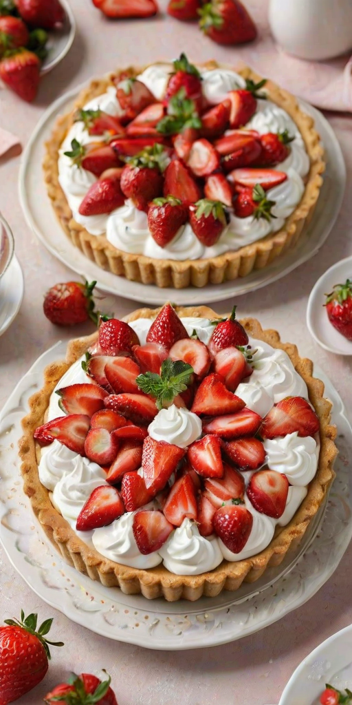 Create a dessert image featuring a beautifully arranged tart topped with fresh strawberries and dollops of whipped cream. The tart should have a golden crust and be garnished with a light dusting of powdered sugar. The background should be a soft, neutral color to highlight the vibrant colors of the strawberries and cream. Include some fresh strawberries on the side for added detail.
