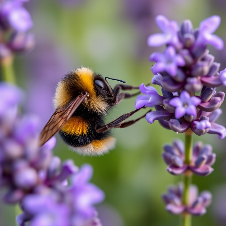 Close-up of a bumblebee collecting nectar from purple lavender flowers, shallow depth of field, soft bokeh effect, taken with a DSLR camera, 85mm lens, f/2.8 aperture, ISO 200, natural lighting.