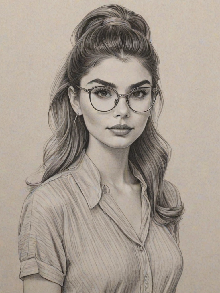Exquisite Olivia Jade Giannulli, pencil sketch, portrait of Attractive woman 1945s in glasses, hair style beatnik, outline, clear lines, fine lines, 8k