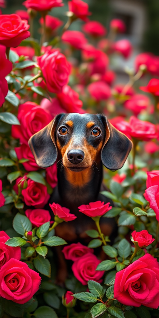 Dachshund in a vibrant rose bush, photo taken with a Canon EOS R5, 85mm lens, f/1.8 aperture, ISO 100, natural light, shallow depth of field, soft focus background.