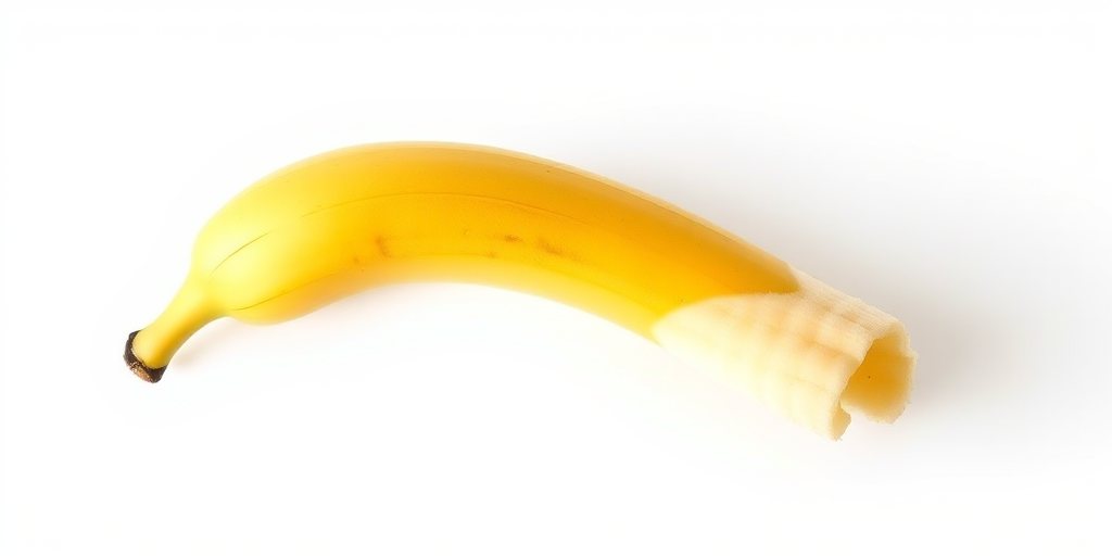 Create a vector illustration of a banana on a white background, using high resolution settings, 50mm lens, f/8 aperture, ISO 100, natural light to enhance vibrancy and clarity, focus on smooth gradients and shadows.