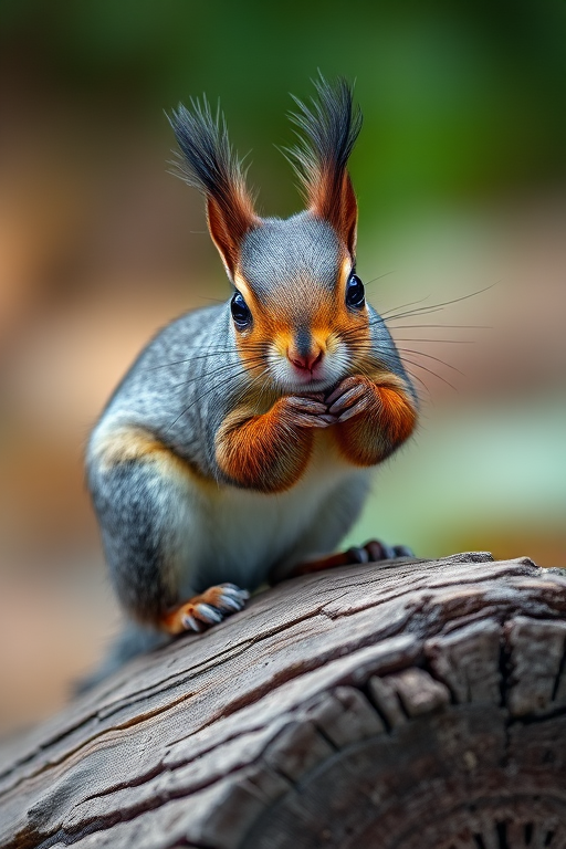 A close-up of a squirrel perched on a log, captured with a DSLR camera, 50mm lens, aperture f/2.8, shutter speed 1/200s, ISO 100, natural light to enhance details and textures.