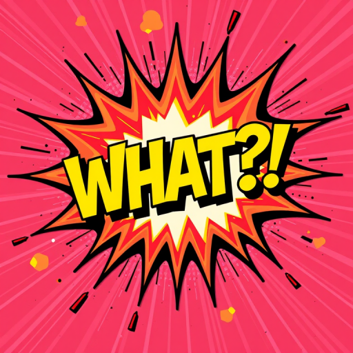 Create a vibrant comic-style explosion graphic with the text "WHAT?!" in bold black font, using a Canon EOS R5 camera with a 50mm f/1.2 lens, aperture at f/4, ISO 100, 1/125 shutter speed, shot from a 45-degree angle, high saturation and contrast for enhanced color quality.