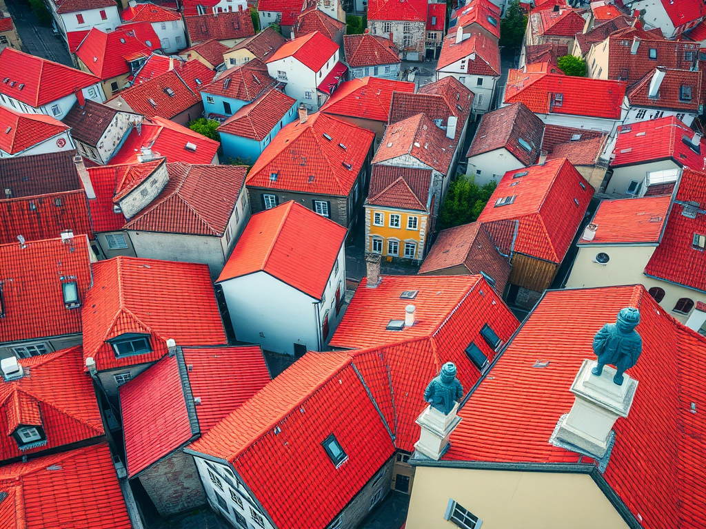 aerial view of colorful rooftops in a quaint town, emphasis on red-tiled roofs and architectural details, captured with a Canon EOS R5, 35mm lens, aperture f/8, ISO 100, high dynamic range, vibrant colors, sharp focus