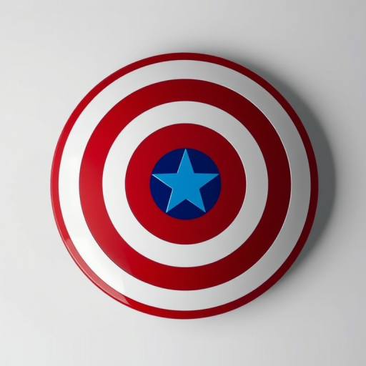 Create a vibrant image of a circular shield with a red and white concentric design featuring a blue star in the center, using a Canon EOS R5 camera with a 50mm f/1.8 lens, ISO 100, aperture f/8, and a focus on even lighting and sharp details in a 3D rendering style.