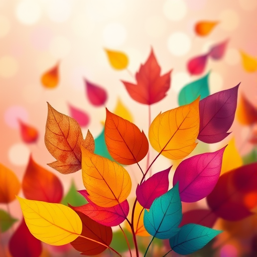 Generate a vibrant digital illustration of colorful leaves in various shapes, with a bright background of abstract circles and dots, captured with a digital camera using a 50mm lens at f/2.8, ISO 100, and a shallow depth of field to enhance detail and color saturation.