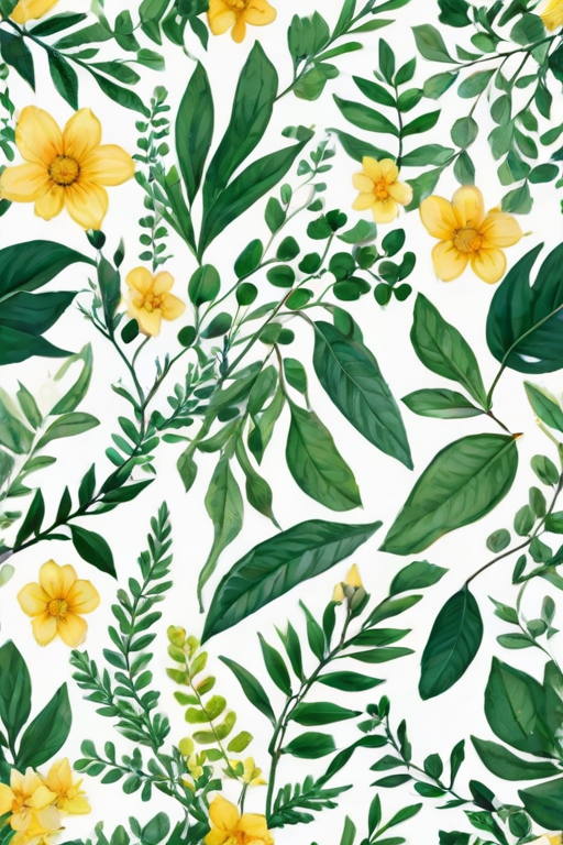 create a seamless pattern with various green leaves, yellow flowers, and delicate branches on a white background