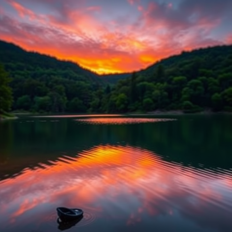 Create an image of a serene landscape featuring a tranquil lake at sunset, vibrant colors reflected in the water, lush greenery surrounding the lake, shot with a DSLR camera at f/8 aperture, ISO 200, 24mm lens, wide-angle view, and soft focus effect.