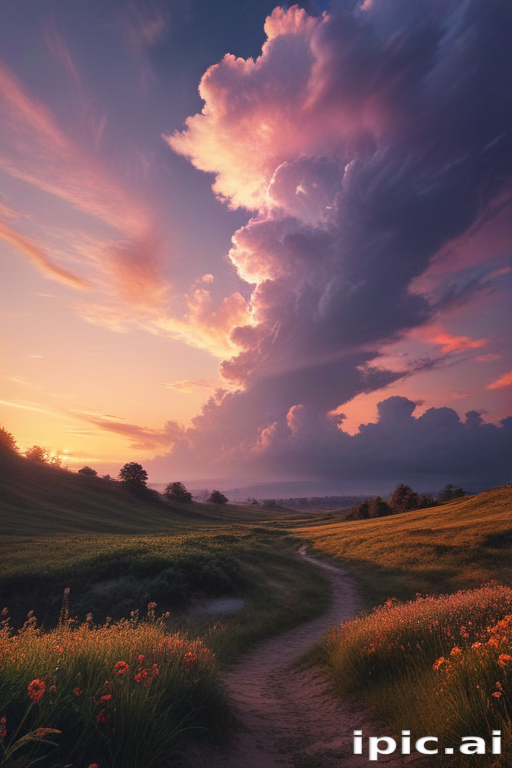 Serene Sunset Over Rolling Hills with Vibrant Clouds and Wildflowers
