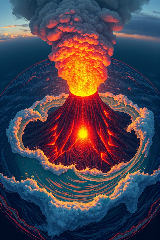 Create a highly detailed illustration of an erupting volcano surrounded by ocean waves in a circular frame, using a Canon EOS R5 with a 24-70mm lens, f/8 aperture, ISO 100, 1/200 sec shutter speed, capturing a wide-angle view with vibrant colors and high contrast to enhance image quality.